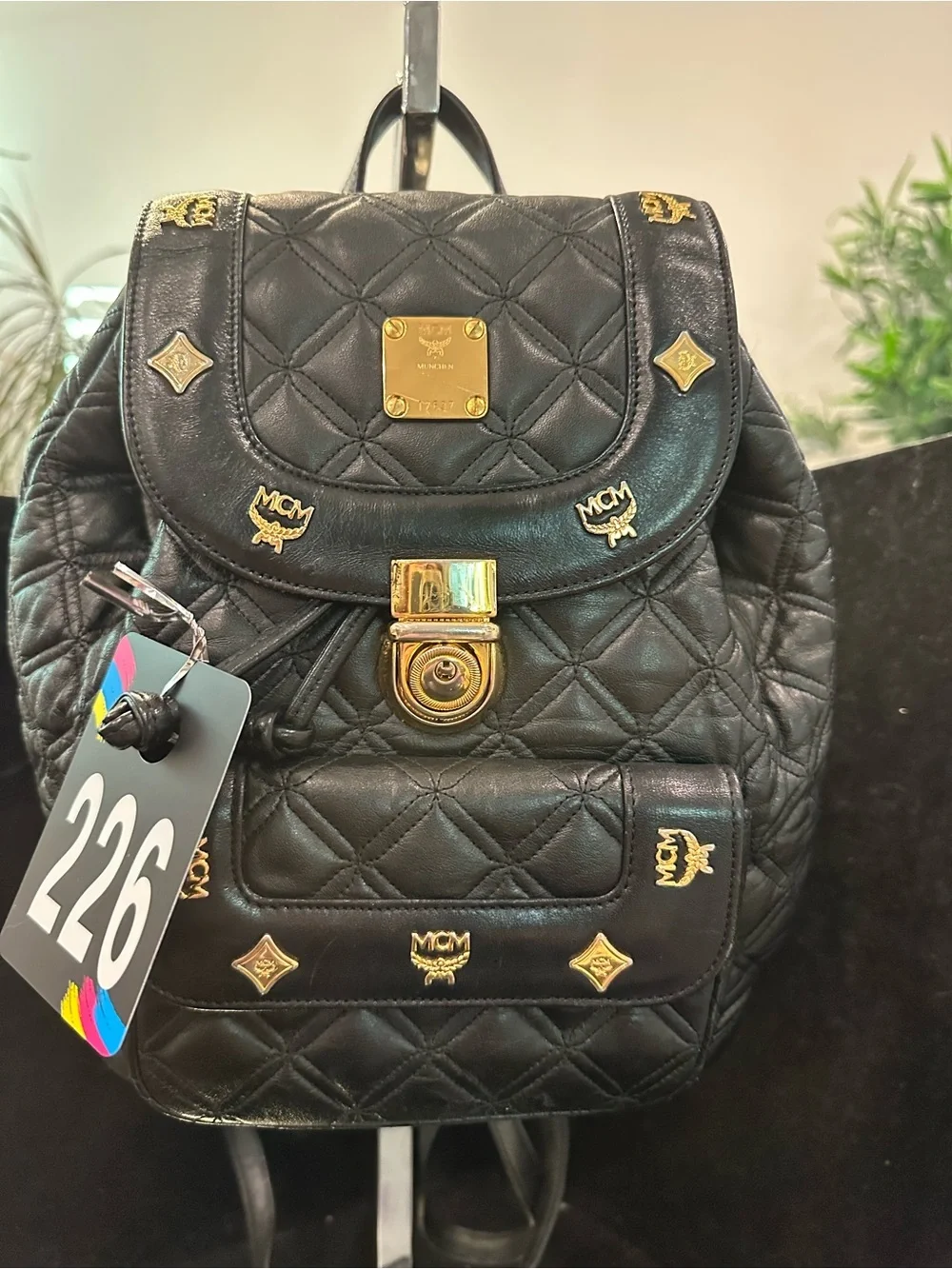 MCM # 226 Quilted Black Leather Backpack Gold Hardware/Logo Studs